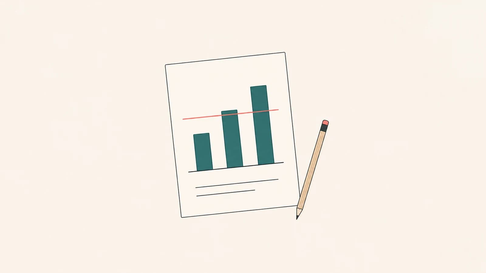 A sheet of paper at a slight angle showing a three-bar chart in teal crossed by a coral threshold line, with a pencil beside it.