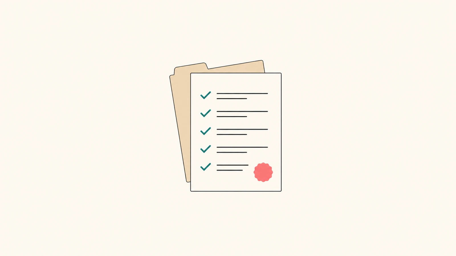 An upright document with a column of teal checkmarks and a coral seal, a sand folder behind it.