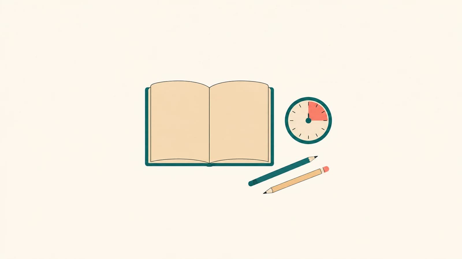 An open book lying flat beside an analog timer and two crossed pencils, in teal and sand on cream.