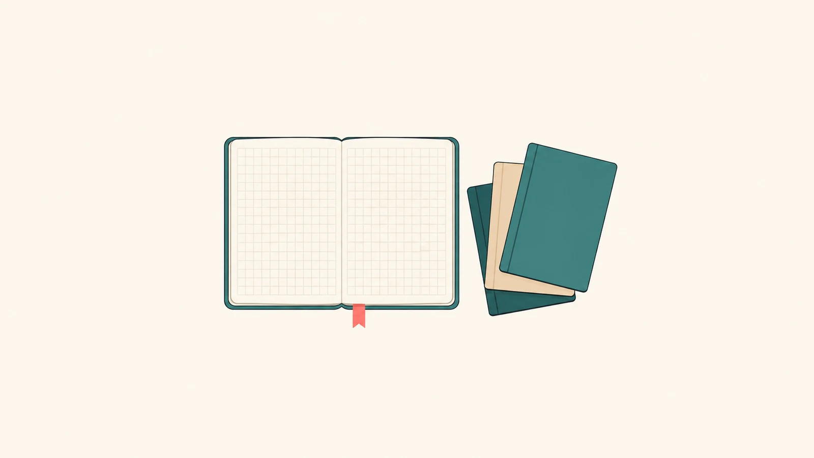 An open grid notebook with a coral ribbon beside a stack of teal and sand books on a cream background.